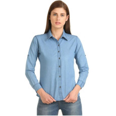 Womens Denim Solid Casual Collared Neck Shirt Fabric Denim